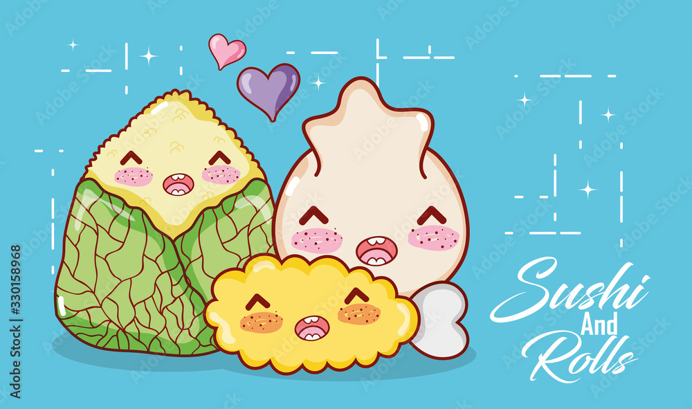 kawaii tempura dumpling and rice food japanese cartoon, sushi and rolls kawaii tempura dumpling and rice food japanese cartoon, sushi and rolls
