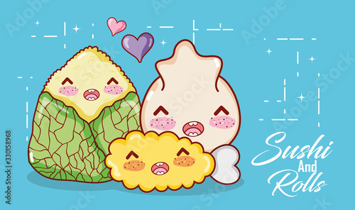 kawaii tempura dumpling and rice food japanese cartoon, sushi and rolls