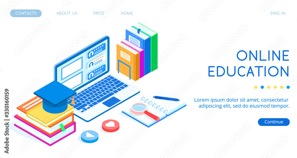Online education concept. Laptop, stack of books with a graduate cap, isometric vector