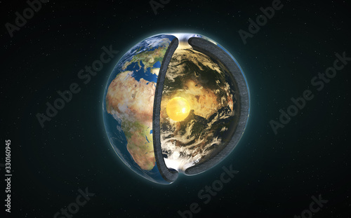 Fototapeta Naklejka Na Ścianę i Meble -  3D Illustration Rendering. Hollow Earth legendary kingdom Agartha located in the Earth's core with sun. Agharti o Agarta mistery. Charles Hutton, Schiehallion experiment.  