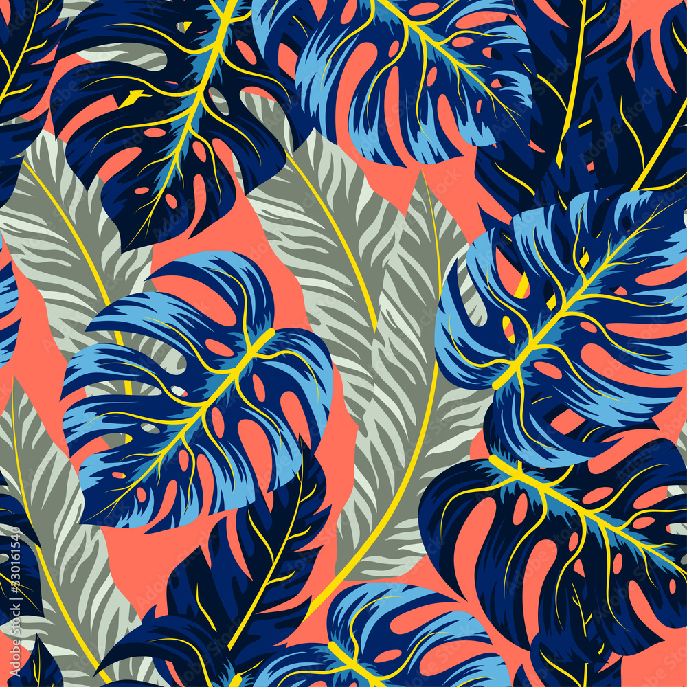 Tropical seamless pattern with plants and leaves on a coral background. Trendy summer Hawaii print.  Floral pattern. Jungle leaves. Botanical pattern. Exotic wallpaper. Creative abstract background. 