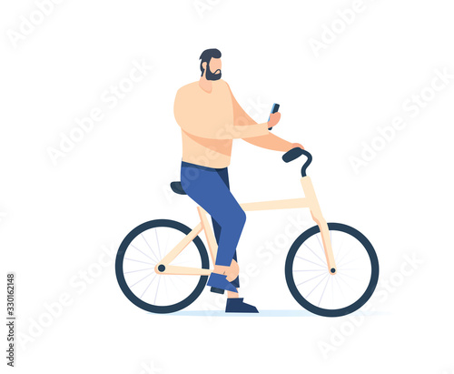 Fototapeta Naklejka Na Ścianę i Meble -  Focused man using smartphone sitting on bicycle vector flat illustration. Busy male in black and white suit