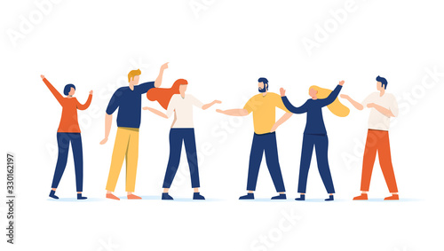 Vector illustration, flat style, businessmen discussing social networks, news, social networks, chat, dialogue.