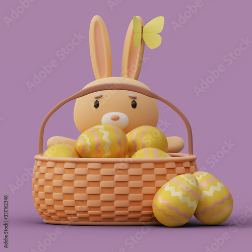 Easter cute bunny sitting with basket of colored eggs