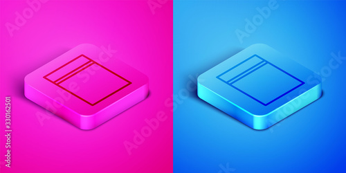 Isometric line Plastic bag with ziplock icon isolated on pink and blue background. Square button. Vector Illustration