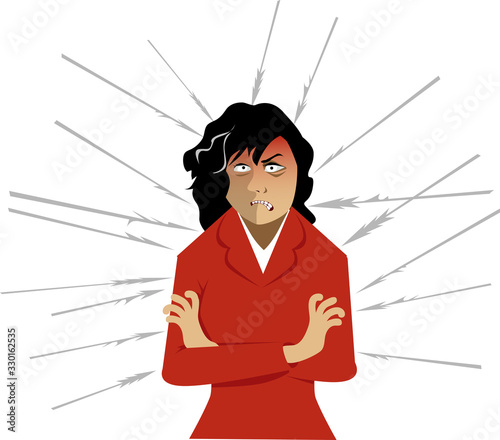 Middle aged woman experience irritability represented by metaphoric arrows pointing at her, EPS 8 vector illustration