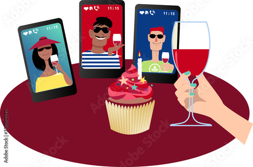 Person having a birthday party with friends via video chat, EPS 8 vector illustration