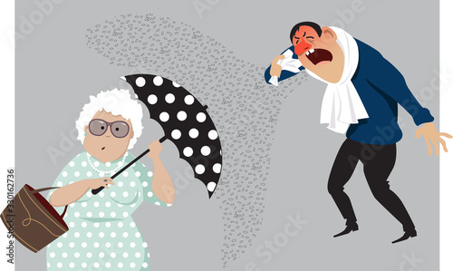 Elderly woman hiding behind an umbrella from a coughing person, protecting herself from virus, EPS 8 vector illustration