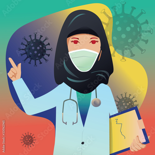 one woman muslim doctor wear medical mask , People who are in anxiety and fear because of the corona virus. Wuhan corona virus illustration. Iran pneumonia illustration.