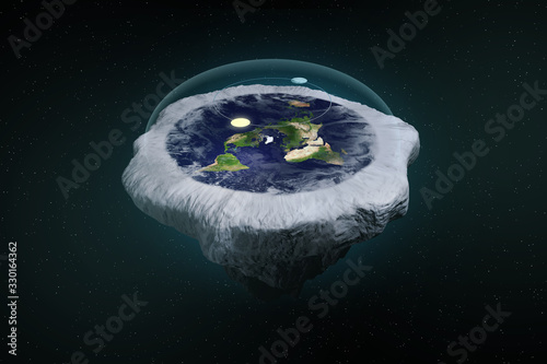 3D Illustration Rendering. Flat earth theory with atmosphere, sun, moon and glass cover. Ancient mythology belief in plane globe in form of disk. Large View