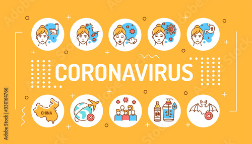 Wuhan Novel coronavirus 2019-nCoV lettering typography. Symptoms dangerous chinese virus. Infographics with linear icons on yellow background. Creative idea concept.