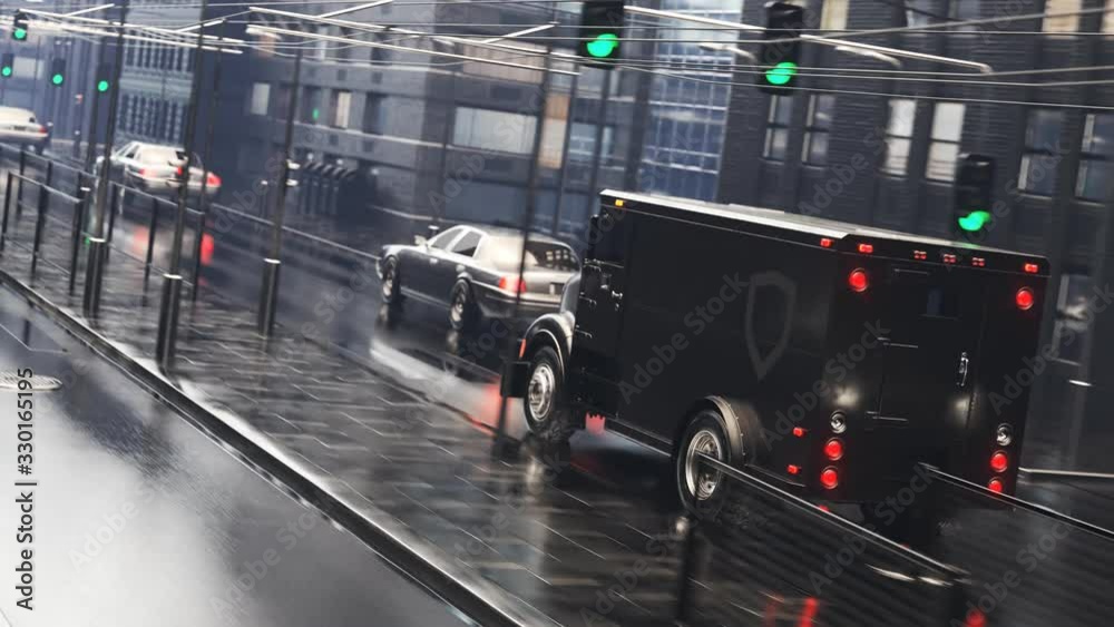 A heavy, black armoured truck going through the city during rainy weather. 4KHD