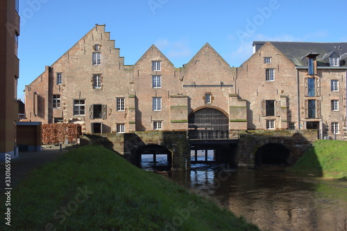 s’Hertogenmolens: large water mills on the river Demer in Aarschot (Belgium). Built around 1510. View from the east