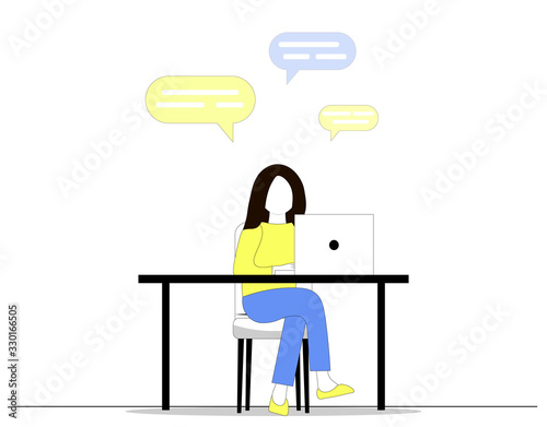 Girl works on a laptop in the office at the workplace. A female character sits at a table and answers messages. Workplace in the office or at home. Freelancer. Vector illustration in a flat style.