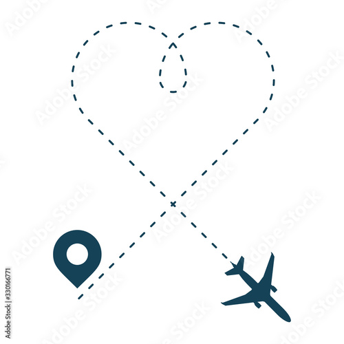Dotted track in the form of a heart. Travel airplane. Heart line route. Path flight. Romantic love symbols. Vector.