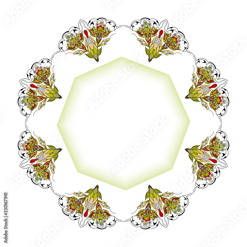 Vector cartoon round decorative frame isolated on white with place for text for design of greeting cards, banner, packages, tags.