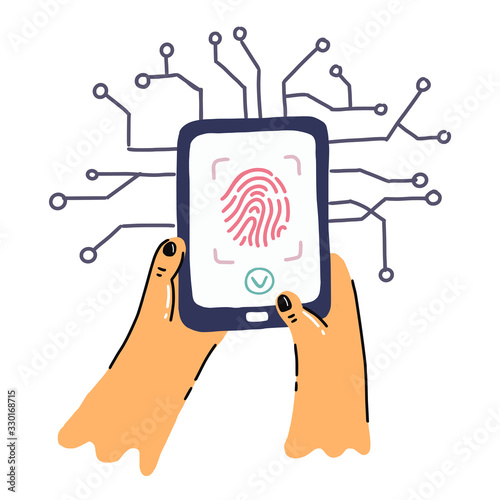 Fingerprint screening security system concept. Biometric access control doodle illustration. Digital touch scan identification or electronic sensor authentication.