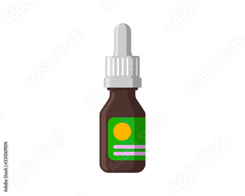 Medical nasal drops brown bottle for nose rhinitis treatment or eyedropper. Cosmetic natural organic essential oil for hair. Colorful flat medicine pharmaceutical storage tank vector illustration