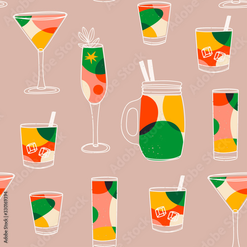 Cocktail time. Various Alcoholic drinks. Different glasses. Retro Vintage color palette. Lava lamp style spheres. Hand drawn colored Vector seamless pattern. Perfect for menu designs