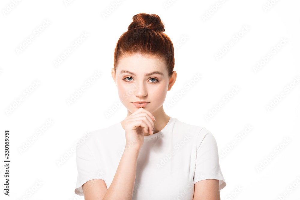 beautiful skeptical teenager with clean skin, isolated on white beautiful skeptical teenager with clean skin, isolated on white