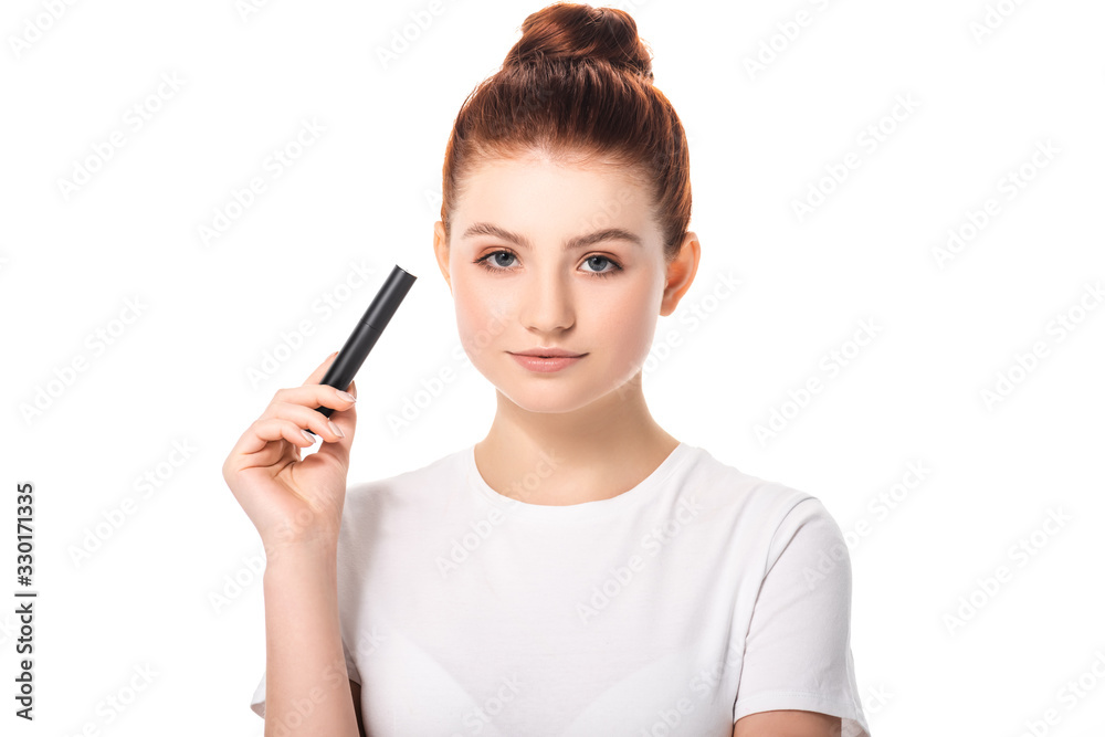 beautiful teen girl holding mascara, isolated on white beautiful teen girl holding mascara, isolated on white