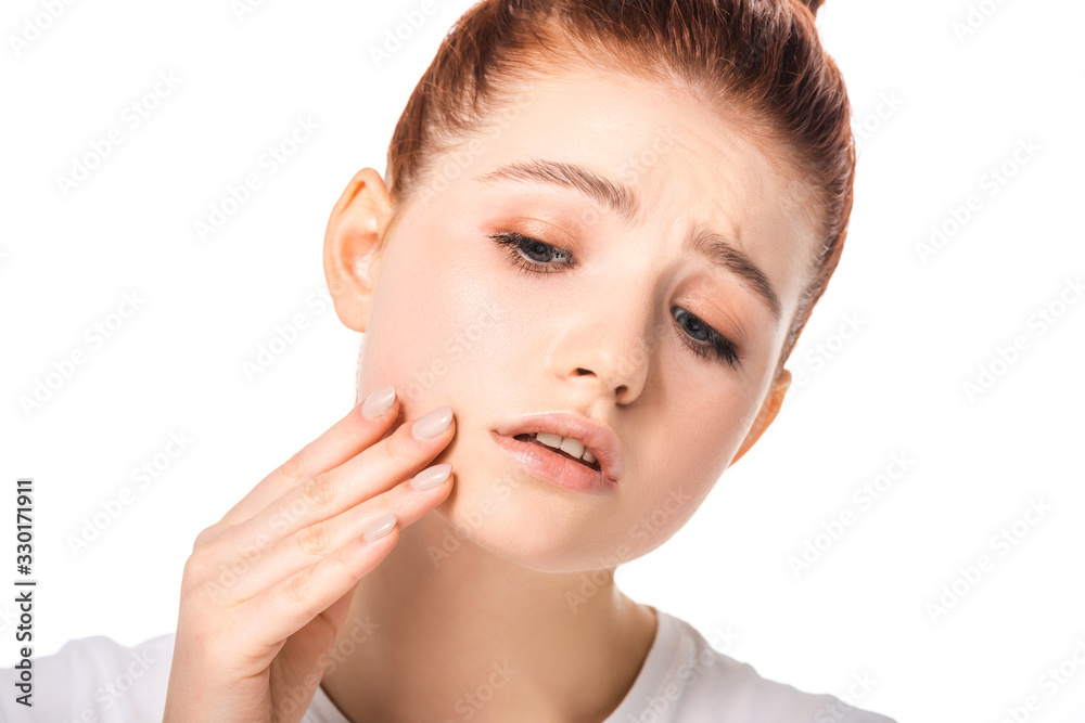 sad female teenager with problem skin, isolated on white