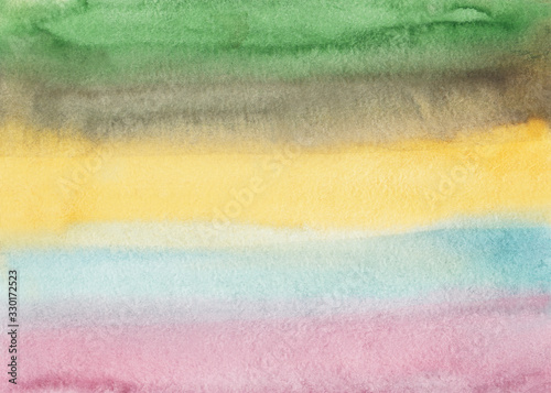 Watercolor light colorful stripes background. Pastel brown, yellow, pink, blue, green backdrop.