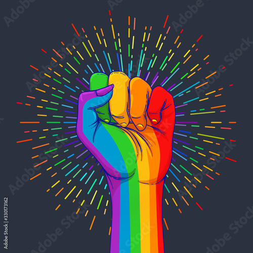 Rainbow colored hand with a fist raised up фототапет
