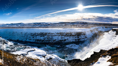 Panorama Gullfoss waterfall in winter in Iceland