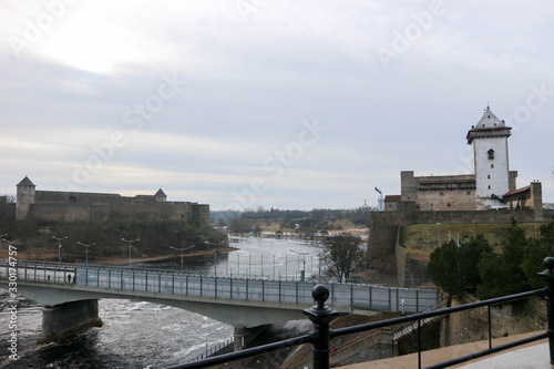 bridge over the river Narva russian estonian border Ivangorod fortress and Narva castle