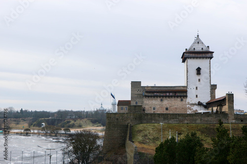 View to the medieval Narva Hermann castle and the Narva river  Estonia