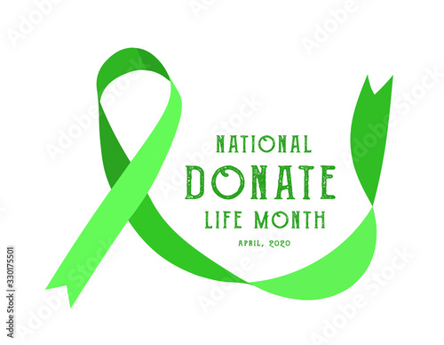 National donate life month. Vector illustration with green ribbon on light