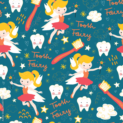 Seamless vector pattern Tooth fairy. Cute fairies with wand on blue background with teeth, toothbrush, stars and clouds. Repeating backdrop for kids dentistry, dental clinic, children fabric, decor