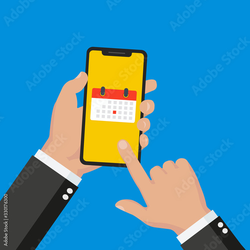 Calendar icon, schedule, planning app on smartphone screen. Hand holds smartphone, finger pointing at the screen. Modern concept for web banner, web site, infographic. Flat design vector illustration