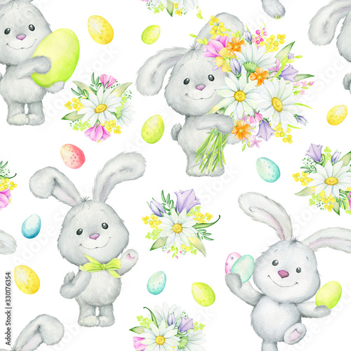 Bunny, Easter eggs, chamomile, flowers. Seamless pattern . Watercolor drawing for the Easter holiday.