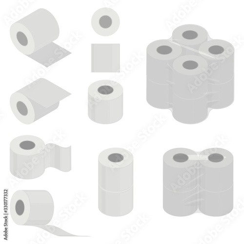 Collection of toilet paper rolls, isometric image. 3D Render. Vector illustration.