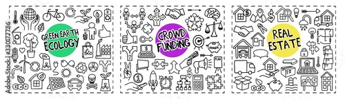 Green Earth Ecology  Crowd Funding and Real Estate doodle icons set