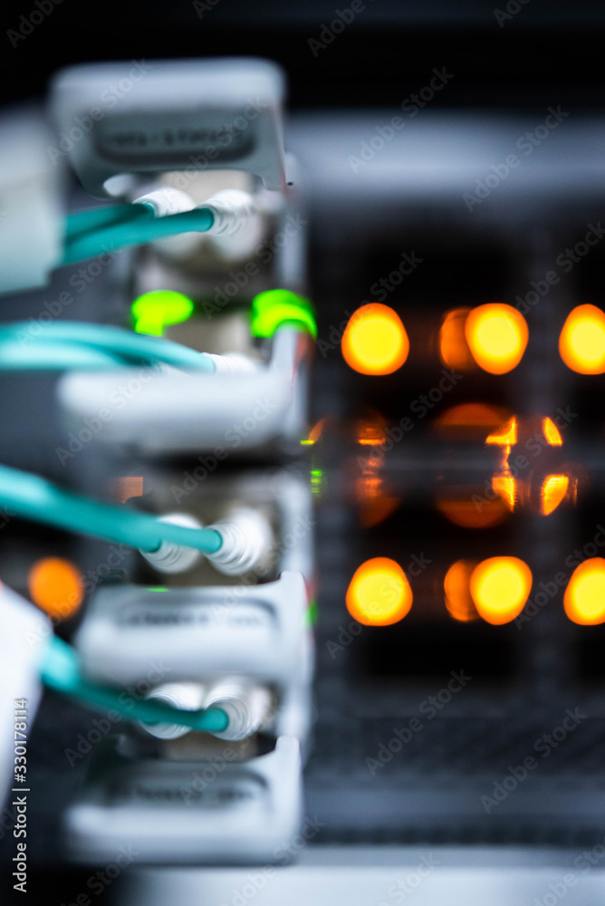 optical cables connected to the switch in data center