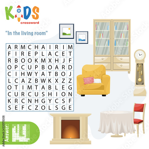 Easy word search crossword puzzle 'In the living room', for children in elementary and middle school. Fun way to practice language comprehension and expand vocabulary. Includes answers.