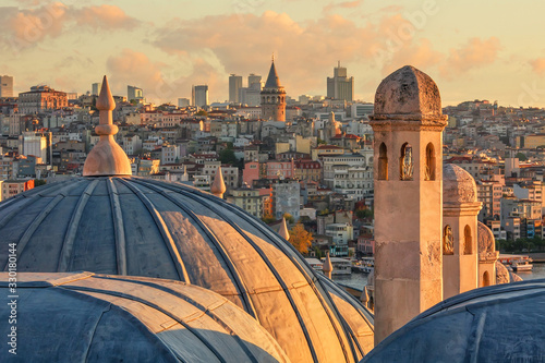 View from Suleymaniye Mosque to Galata district and Galata Tower in the morning. Istanbul, Turkey. Selective focus