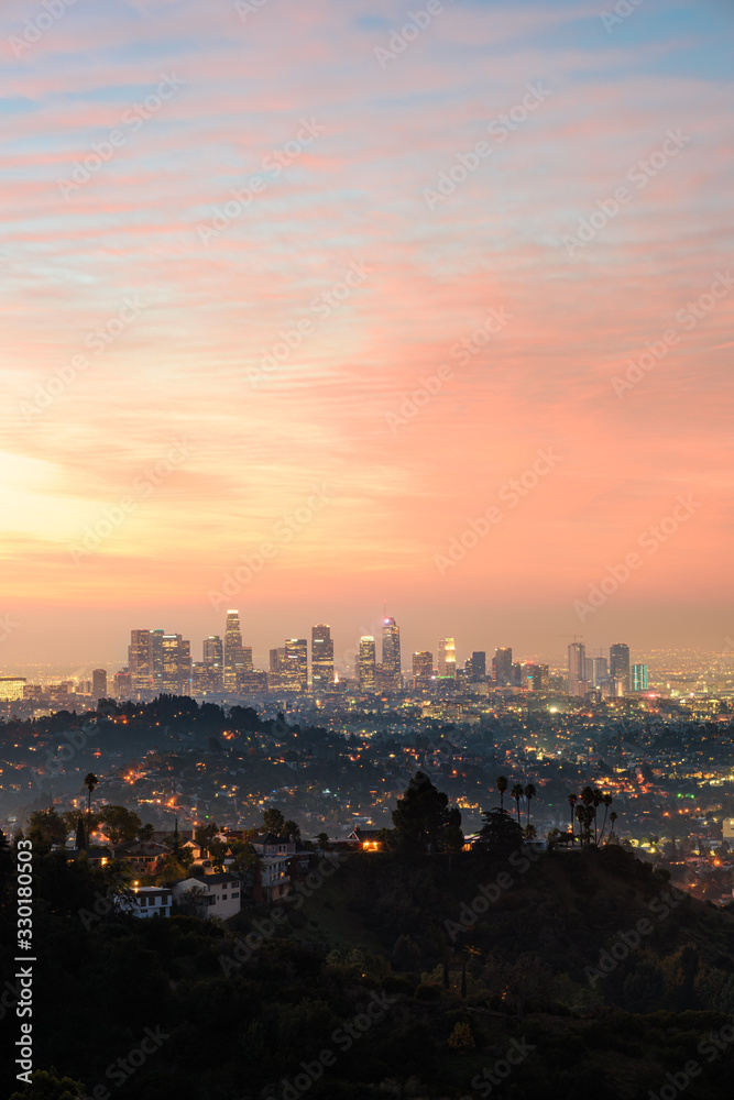 Los Angeles skyline at smoggy sunrise