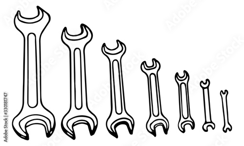 Hand-draw black vector illustration of metallic locksmith wrenches tool set isolated on a white background