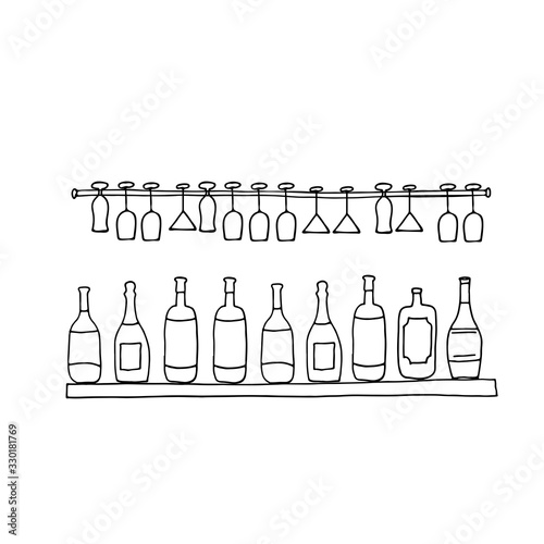 Bottles and glasses on the shelves - doodle illustration for decoration bar, menu, print packaging, sticker. Vector stock isolated on white background. EPS10
