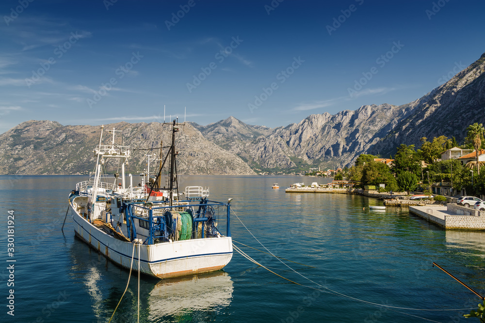 Sunny morning view of Kotor bay near village Dobrota, Montenegro.