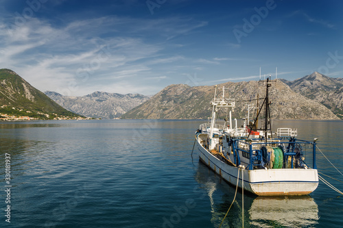 Sunny morning view of Kotor bay near village Dobrota, Montenegro.