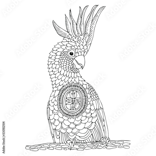 Cockatoo. Hand drawn parrot. Sketch for anti-stress adult coloring book in zen-tangle style. Vector illustration for coloring page, isolated on white background. Template for poster, t-shirt.
