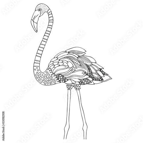 Hand drawn flamingo. Sketch for anti-stress adult coloring book in zentangle style. Vector illustration for coloring page, isolated on white background. Template for poster, t-shirt, cover or tattoo.
