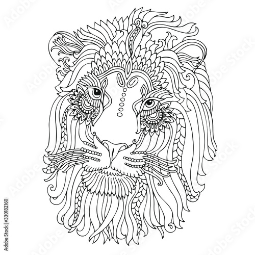 Hand drawn lion. Sketch for anti-stress adult coloring book in zen-tangle style. Vector illustration  for coloring page, isolated on white background.
