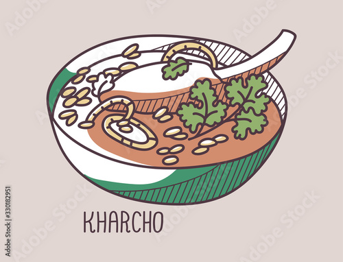 Hand drawn vector illustration of Kharcho. Doodle colored on pale background with hand written title of the dish.