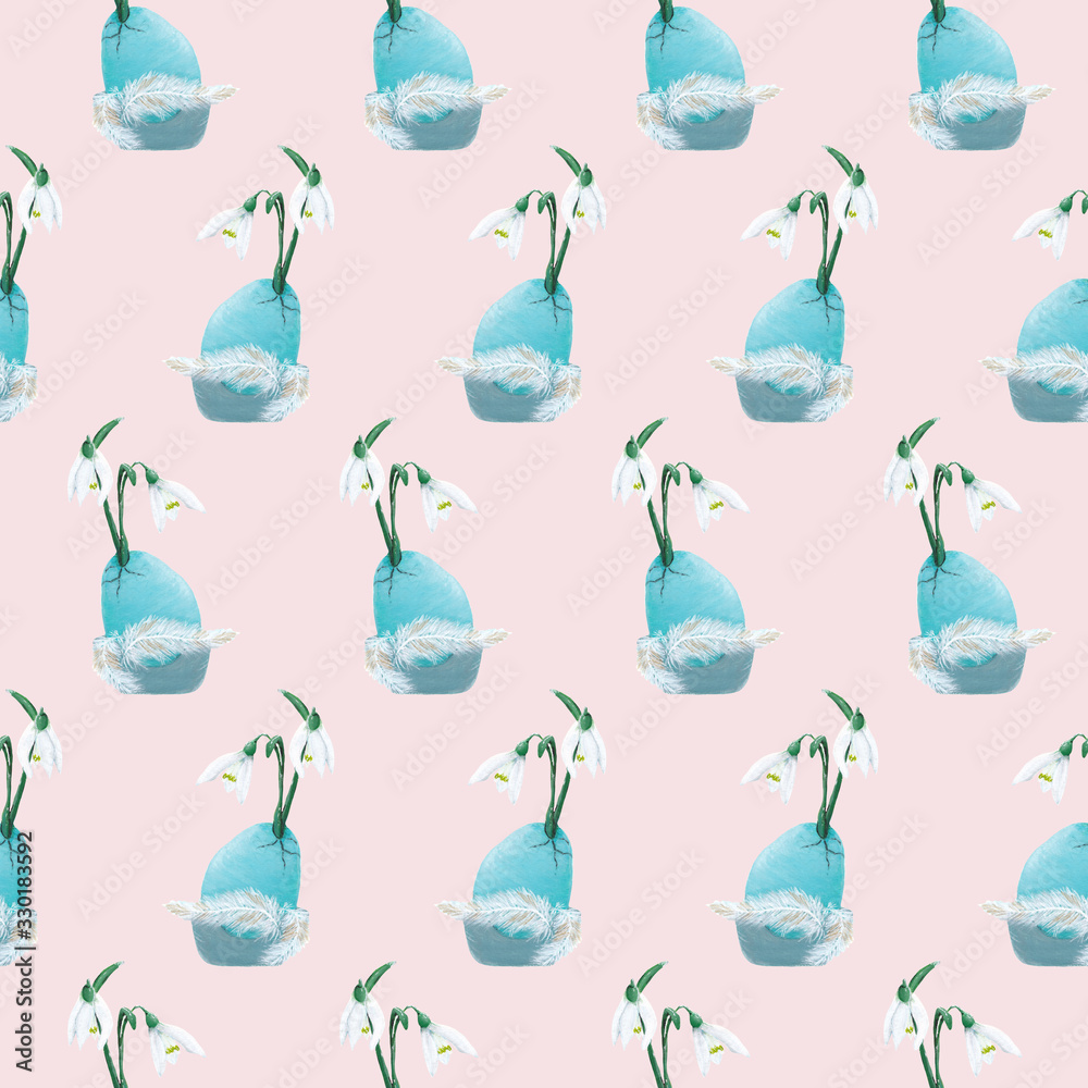 snowdrops in a pn easter egg, seamless pattern snowdrops in a pn easter egg, seamless pattern